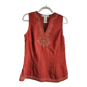Josephine Chaus NWT Womens 8 Top Linen Embroidered Sleeveless Blouse True Brick